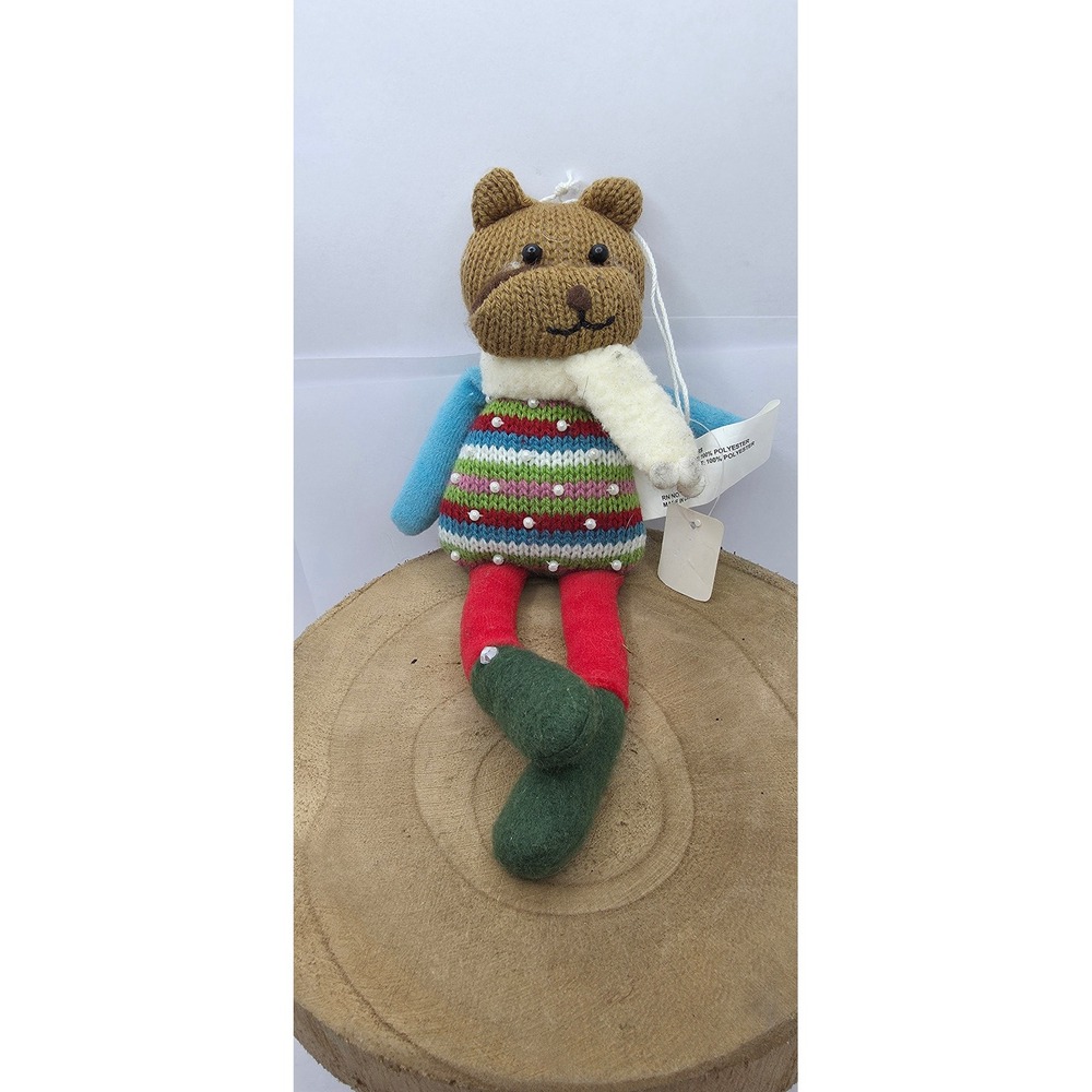 Dillard's Knit Bear Ornament Multi-Color Striped Sweater Pearl Accents 8.5 Inch